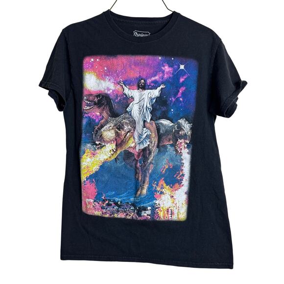 Spencer's‎ Jesus Riding Dinosaur in space graphic t-shirt Size SMALL - Picture 1 of 5